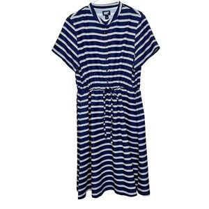 Lands End Womens Nautical Costal Dress Size L Navy Striped Midi Vacation